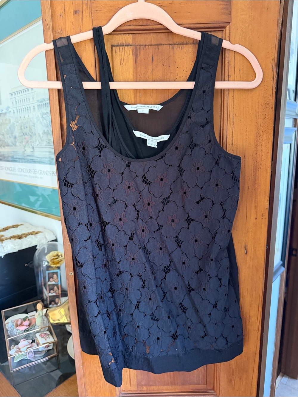Diane Von Furstenberg Black Floral Lace Tank Top set